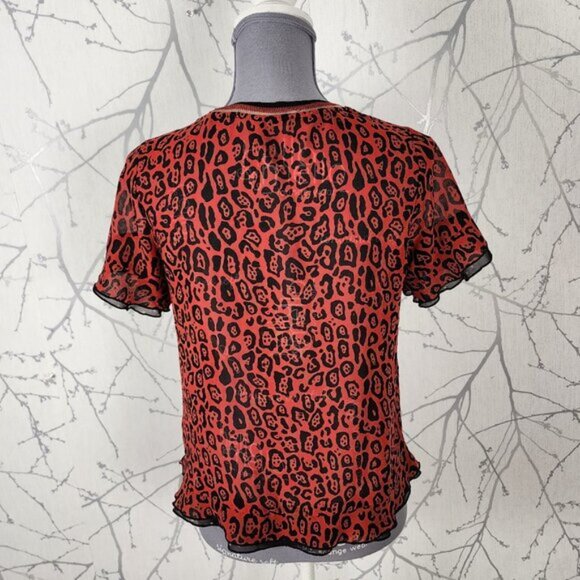 Scotch & Soda Red Leopard Print Sheer Flutter Crewneck Top - Picture 3 of 5